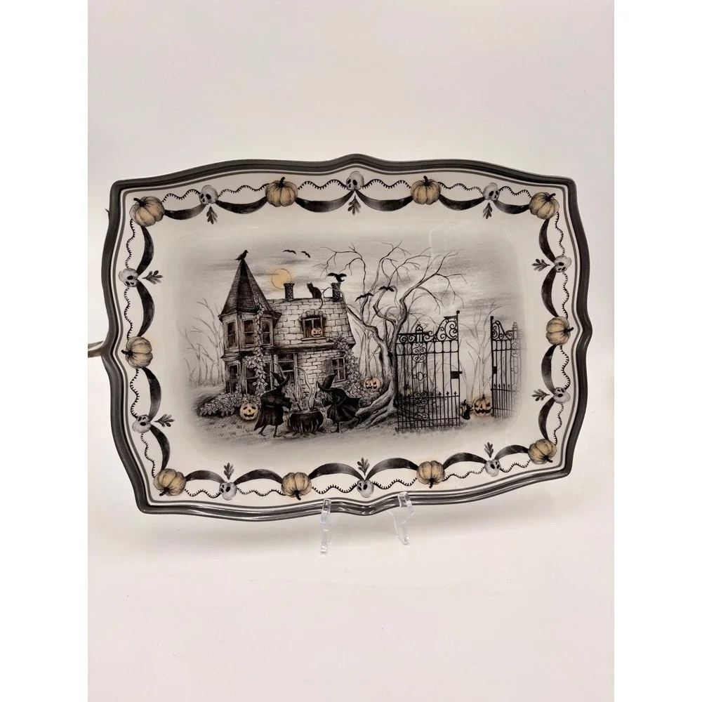 Halloween Haunted House Witches Skulls Large Serving Melamine Platter 18in